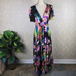 Jaase Sz XS Colorful Floral Maxi Dress Vneck Flutter Sleeve Tiered A-Line Skirt